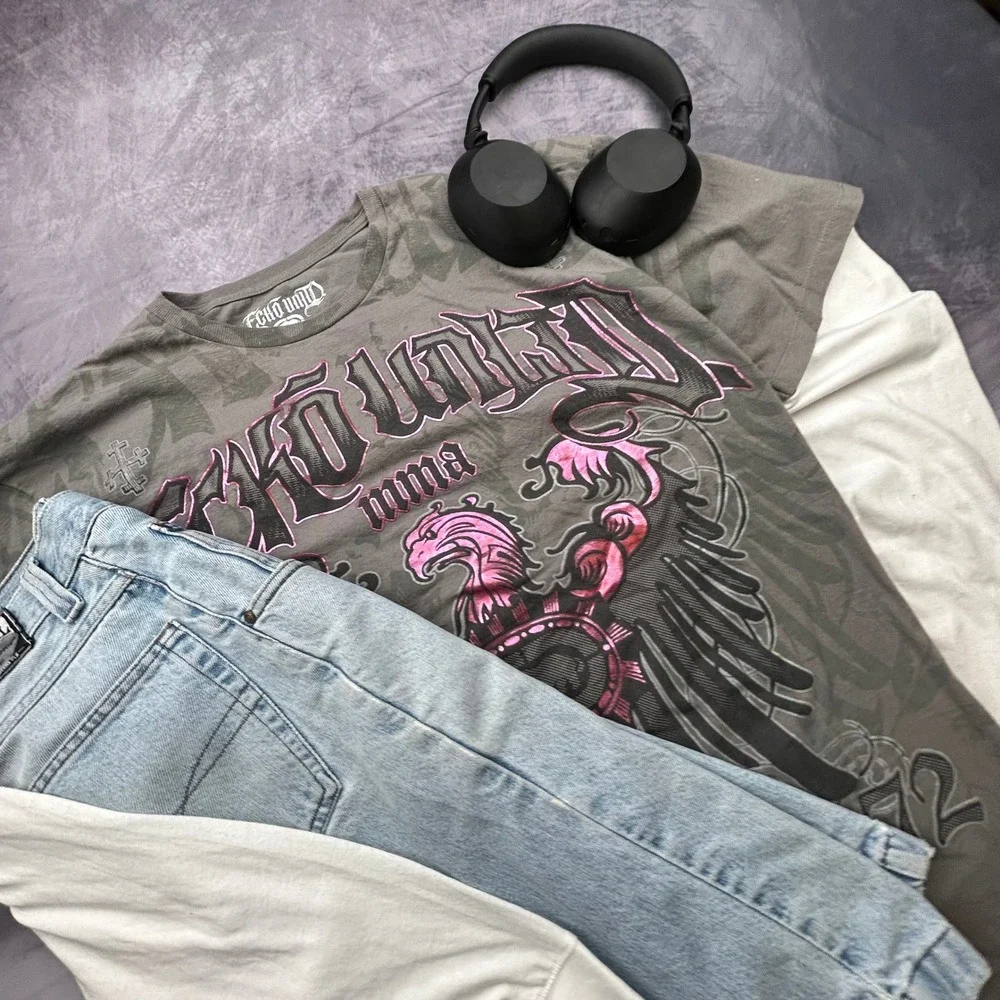 Vintage Ecko Unltd MMA Graphic T-Shirt Grey Pink XL Y2K Skater Boxy Fit 481 - Picture 8 of 8